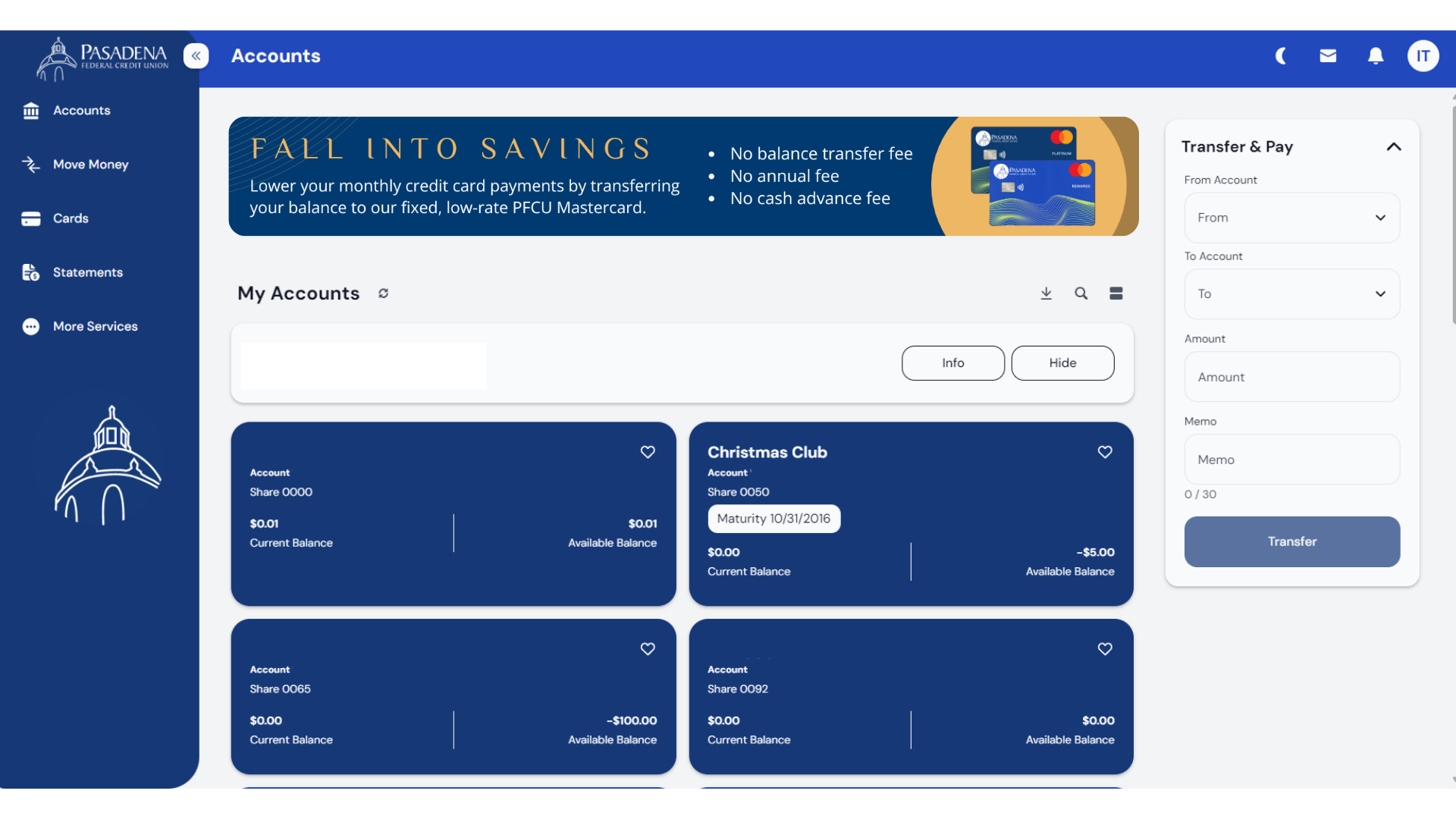 Accounts page in Pasadena FCU online banking.
