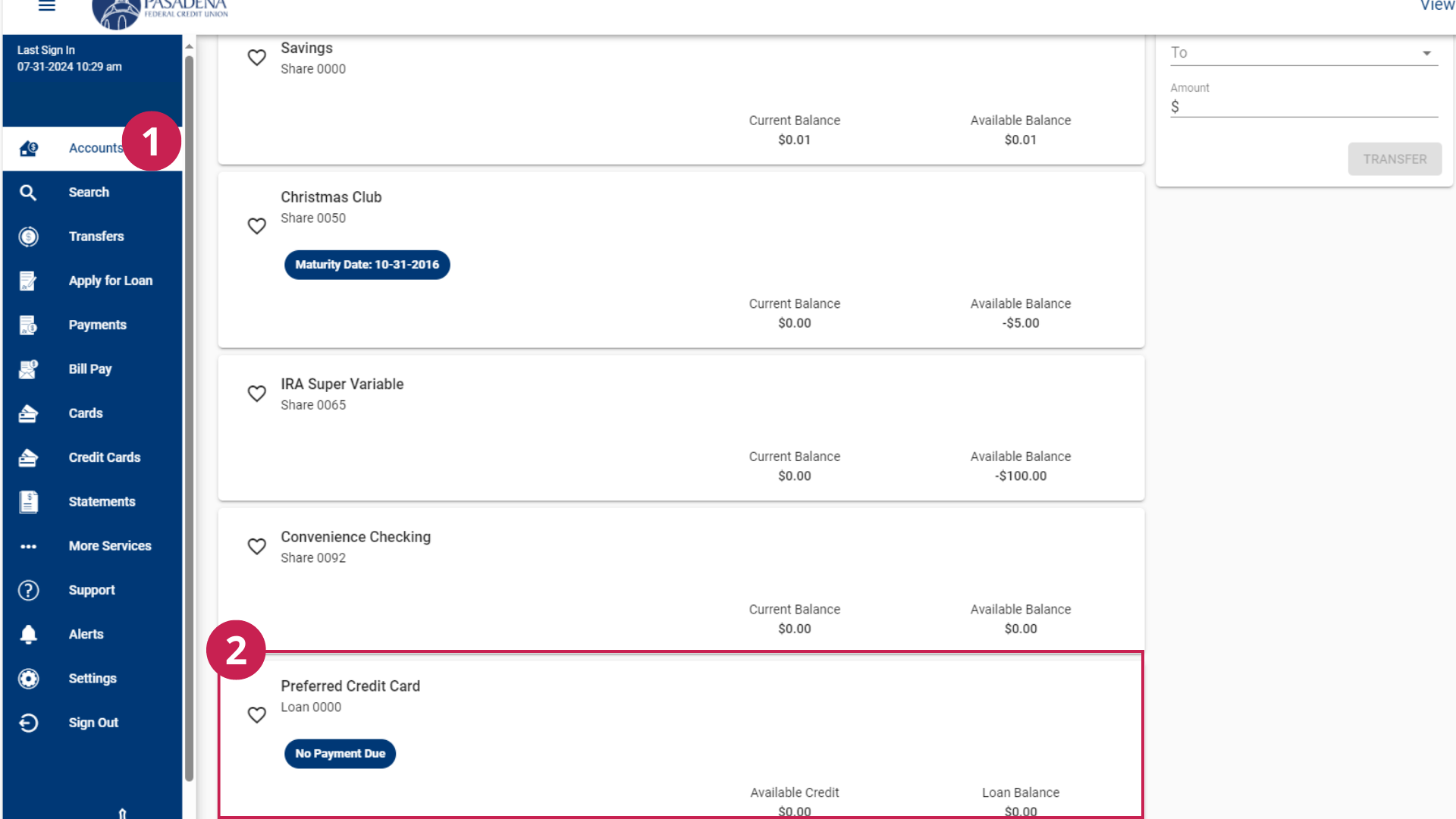 Account balances shown in Pasadena FCU online banking.
