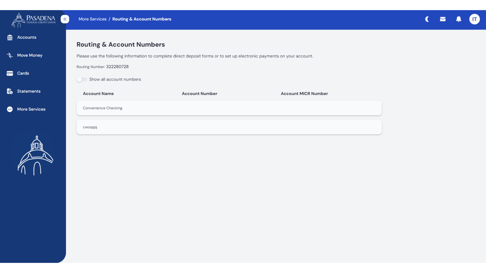 Routing and account numbers page in Pasadena FCU online banking.
