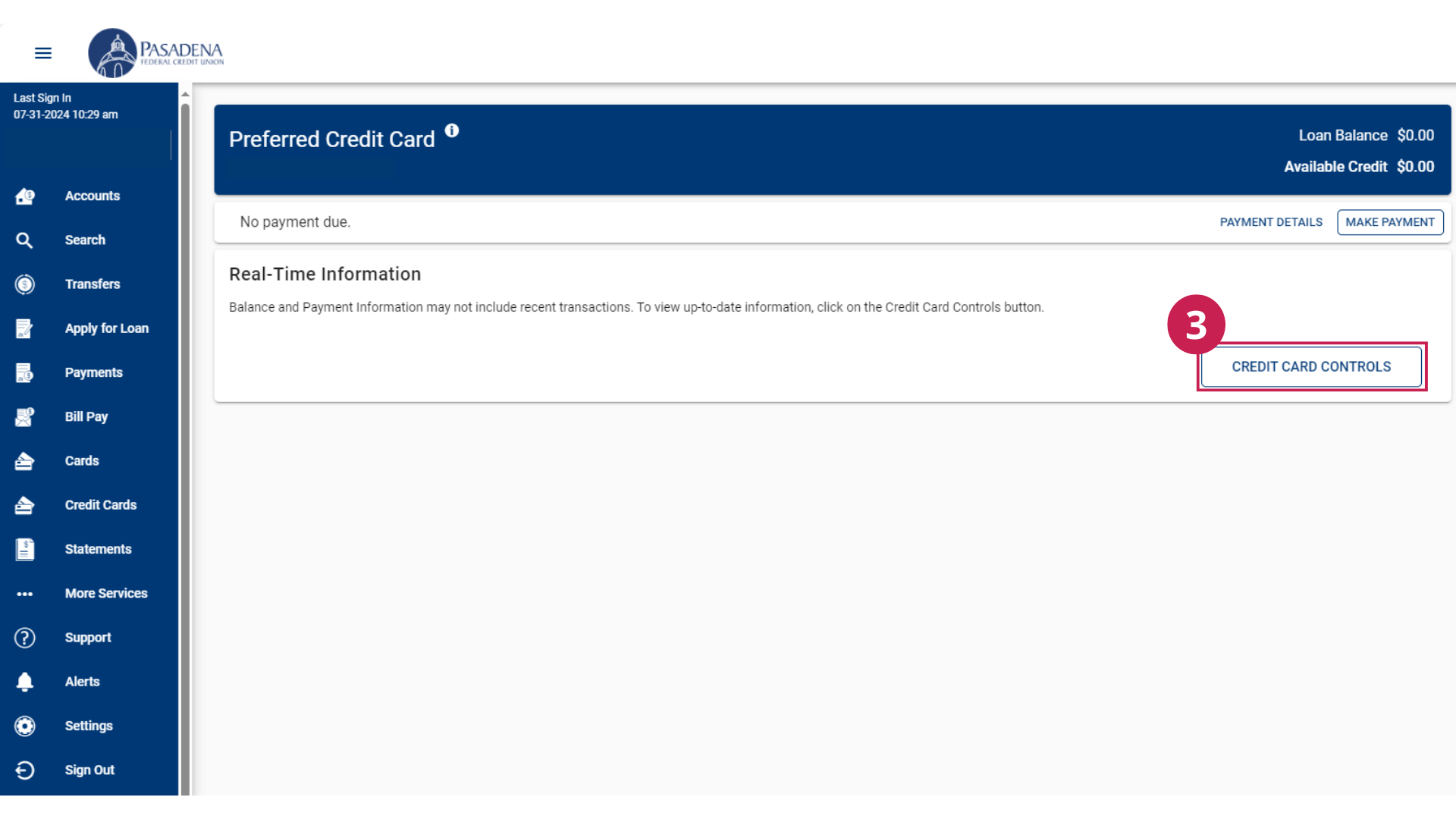 Credit card page in Pasadena FCU online banking highlighting card controls.
