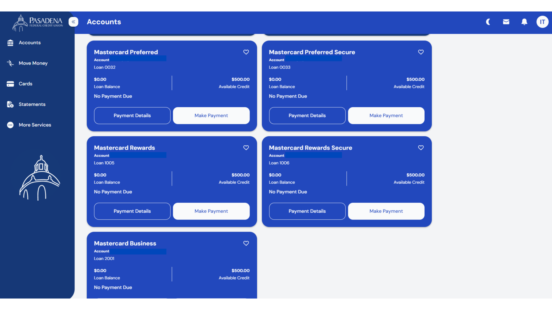 Pasadena FCU credit cards shown in online banking.
